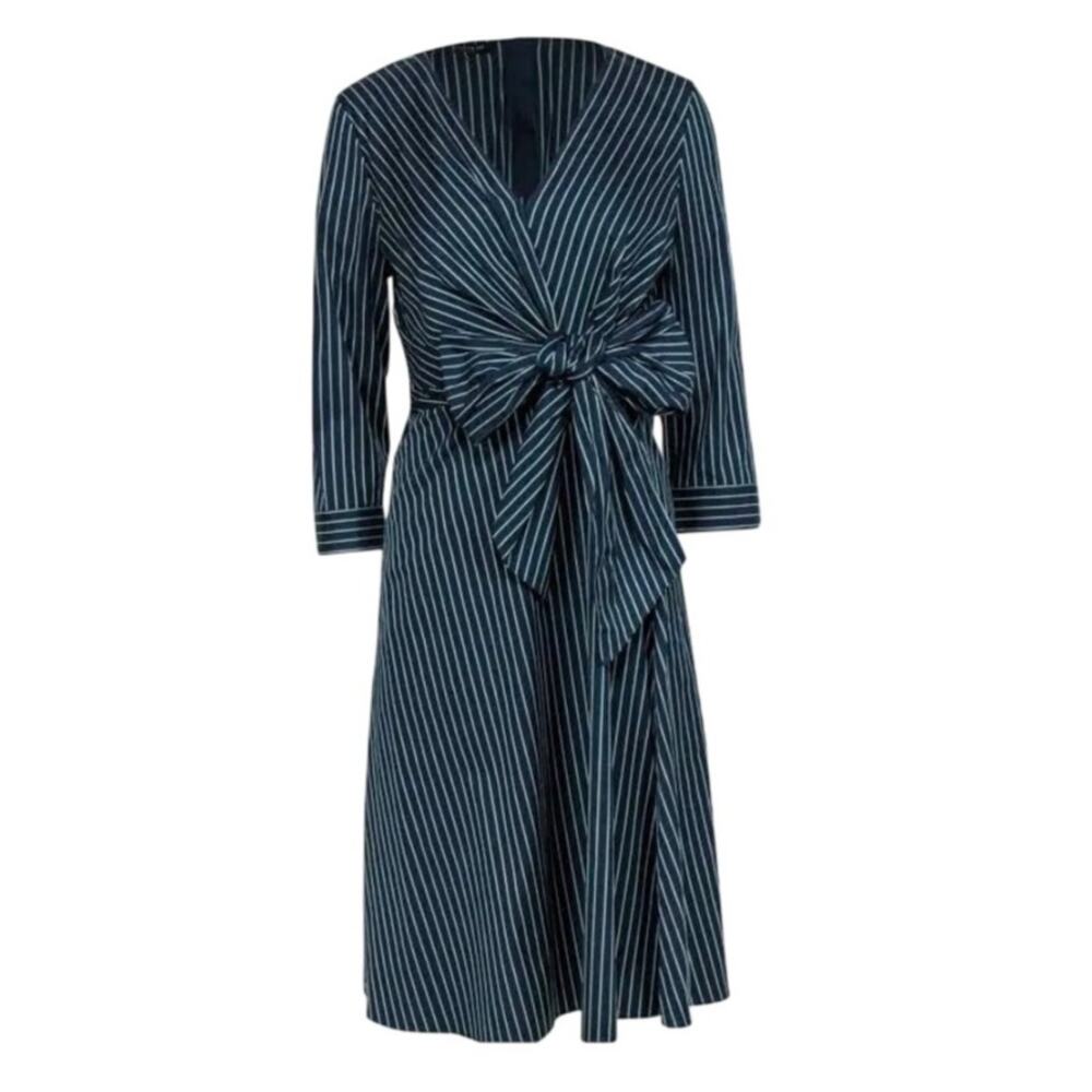 NWT Lafayette 148 Navy & Green Pin Stripe Tie Waist Wrap Shirt Dress